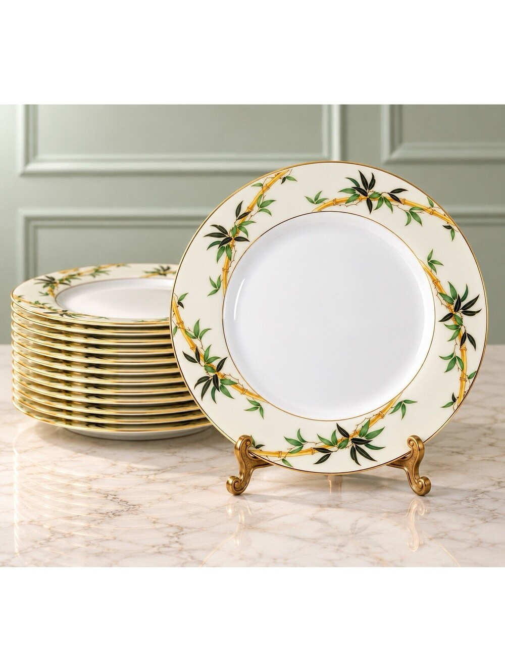 Kent China Japan 1950s Set Of 12 Dinner Plates Bali Hai Bamboo Gold, 10.5"